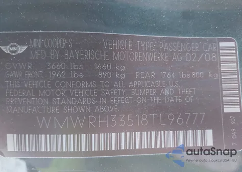 2008 Mini Cooper S z USA, uszkodzony, nr VIN WMWRH33518TL96777